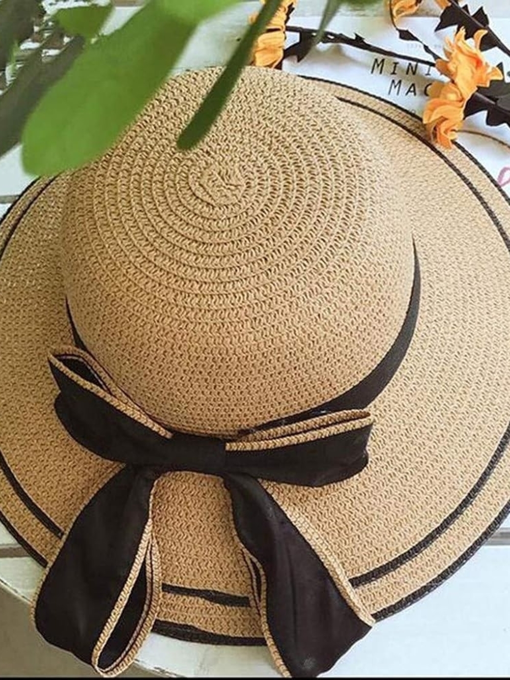 Women’s Wide Brim Straw Sun Hat with Black Bow